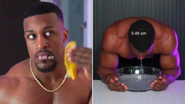 Influencer Ashton Hall is pictured rubbing a banana on his face and dunking his head into ice water as part of his excessive morning routine.