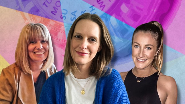 Three women who have taken HRT in their thirties. They are all smiling. Behind them is a pill case with the different days of the week on.